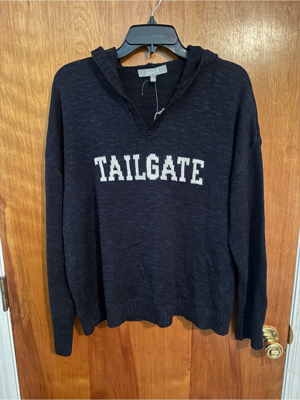 Marled Black V-Neck Hooded Sweater with White Chest Logo